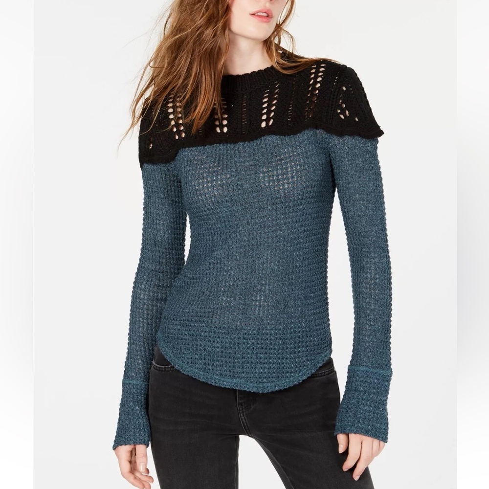 Free People snowflake colorblocked pointelled sweater inTeal Ocean Combo - Picture 1 of 10